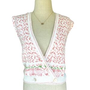 Cullinane Vintage Pink White Floral Knit Wrap Sweater Vest‎ Grandmacore Cottage